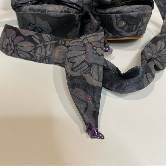 Tony Keuylian Black Floral Ankle Wrap Open Toe Satin Wedge Heels - Picture 7 of 10